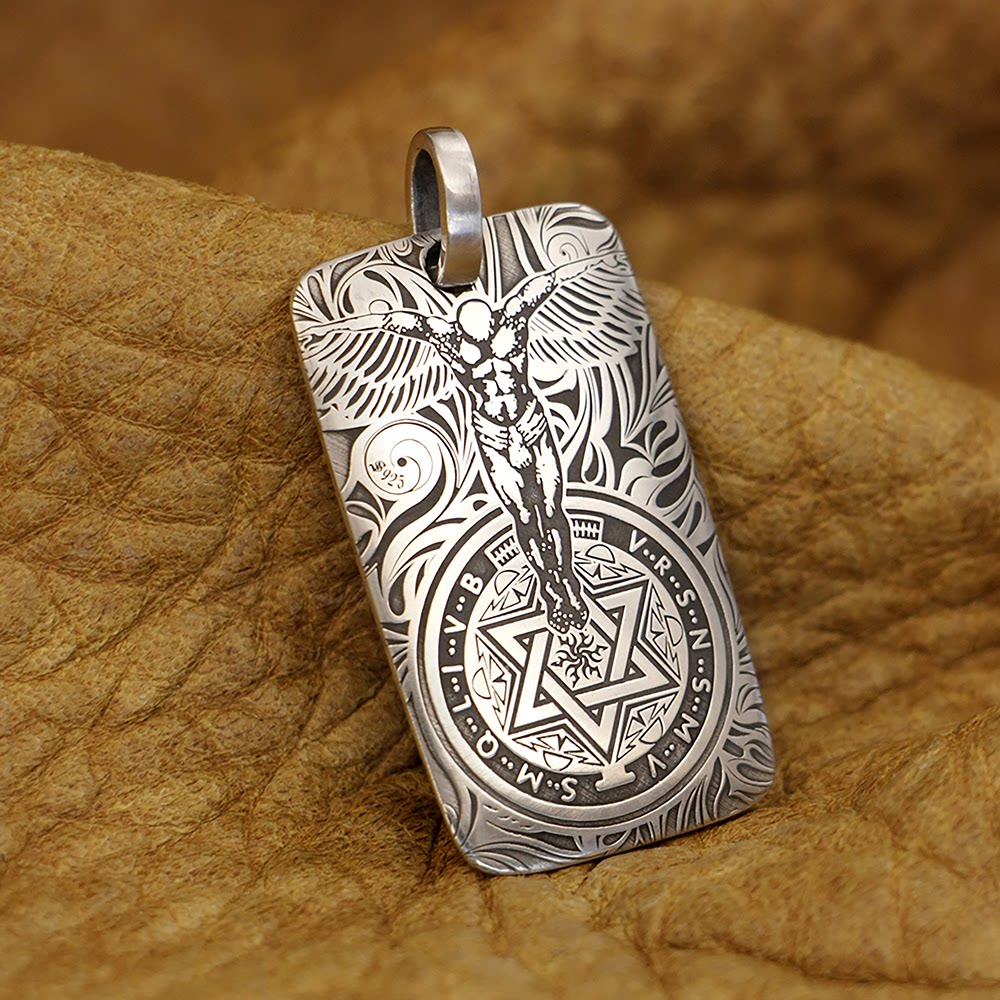 s925银守护天使双面吊坠男个性激光雕刻吊牌朋克复古挂坠包包配饰