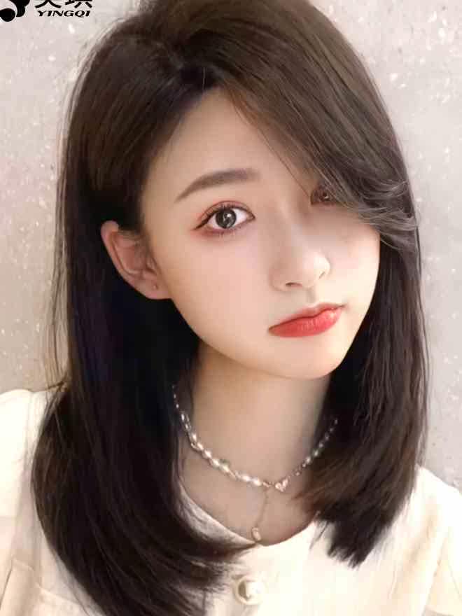 英琪假发女中长发偏分刘海蓬松锁骨发全真自然真发头套韩式发型