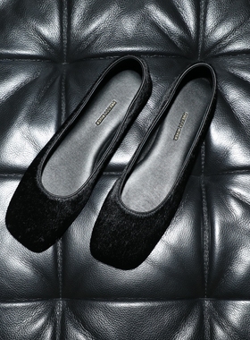 PrettyRiver法式气质黑色真皮马毛单鞋女时尚方头玛丽珍芭蕾舞鞋