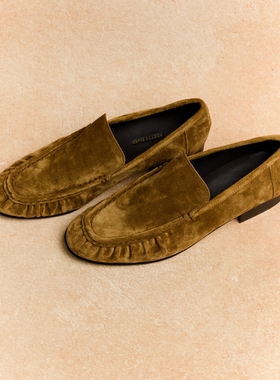 PrettyRiver复古麂皮褶皱圆头绒面乐福鞋女老钱风棕色时尚单鞋女