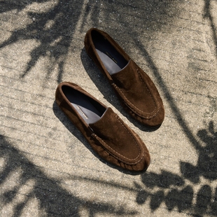 单鞋 PrettyRiver牛反绒面复古麂皮老钱风乐福鞋 女一脚蹬通勤时尚