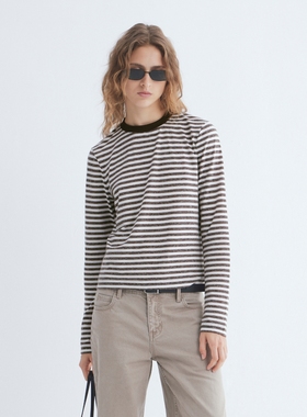 PrettyRiver亚麻经典条纹圆领长袖T恤女基础短款合身九分袖T恤女