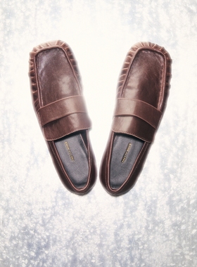 PrettyRiver植鞣革方头褶皱乐福鞋女棕色复古软底时尚单鞋英伦风