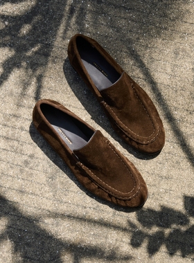 PrettyRiver牛反绒面复古麂皮鞋老钱乐福鞋女一脚蹬通勤休闲单鞋