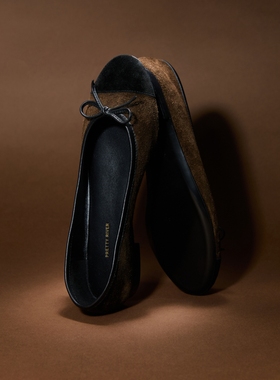 PrettyRiver蝴蝶结拼接绒面单鞋女法式复古麂皮棕色低跟芭蕾舞鞋