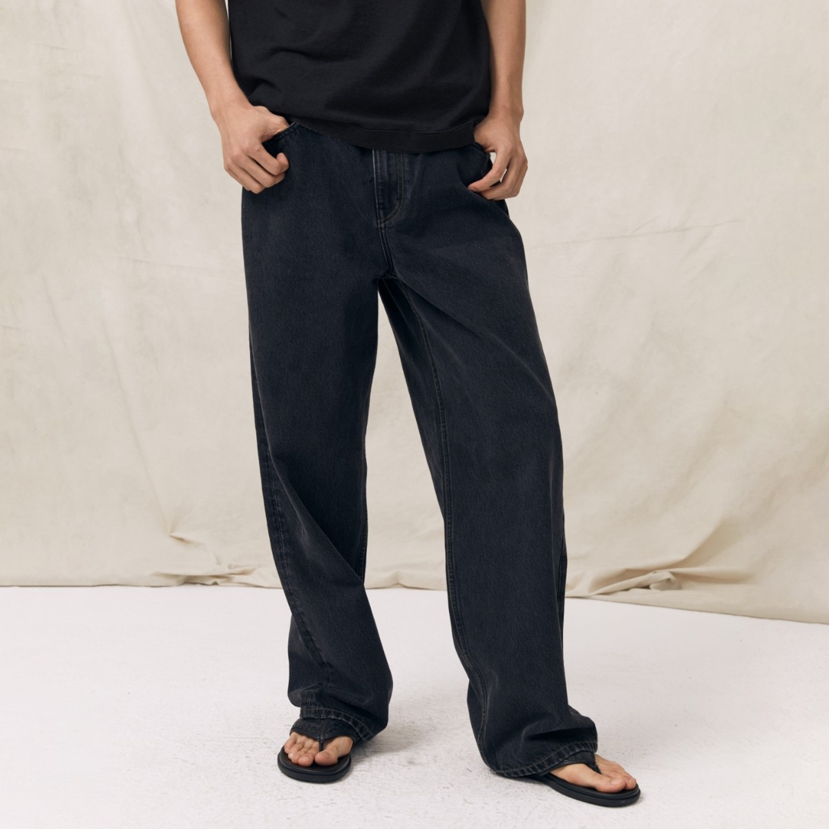 PrettyRiver美式黑灰洗水直筒牛仔裤男士深色宽松阔腿休闲长裤子