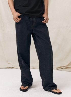 PrettyRiver美式黑灰洗水直筒牛仔裤男士深色宽松阔腿休闲长裤子