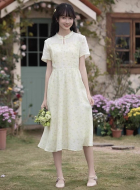 2023年瓷语文艺复古文艺春夏61333天丝苎麻刺绣仙女米黄色连衣裙