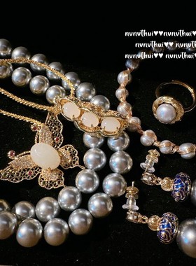 冰种人工玉髓玛瑙蝴蝶宝石项链耳环人鱼泪珍珠铂金灰贝珠手镯戒指