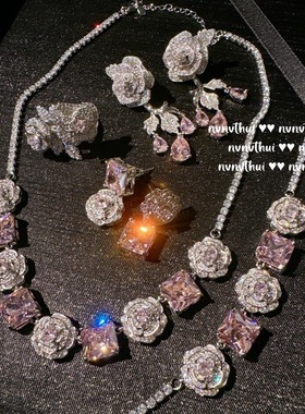 轻奢繁花仙女玫瑰花粉方石项链 名媛年会镀18K金山茶花粉锆石手链