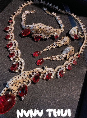 奢华石榴红水滴猎豹蛋形宝石项链 气质名媛宴会满钻豹子手链套装