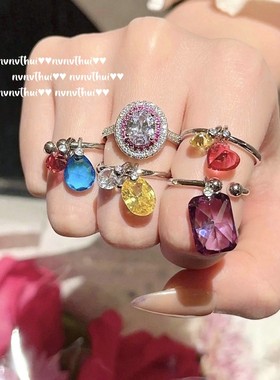 彩虹碧玺气质百搭时尚透亮锆石戒指 轻奢名媛镀18K金璀璨蛋形女戒