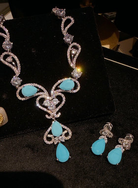 奥地利复古鸢尾花蓝松石水滴项链 名媛宴会高定花瓣水滴耳环套装