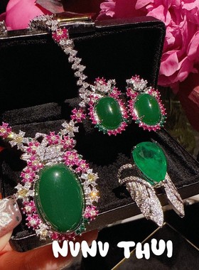 名媛花丝鎏彩绿玉髓繁花宝石项链超奢华高定珠宝气质花环蛋形耳环