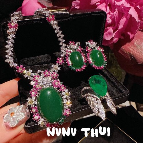 名媛花丝鎏彩绿玉髓繁花宝石项链超奢华高定珠宝气质花环蛋形耳环