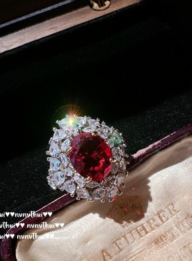 复古红玫瑰宝石晚宴花朵女戒指 名媛气质年会鸽血红锆石围镶指环