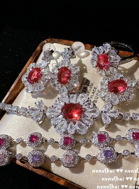 复古繁花石榴红宝石气质花朵手链 宫廷年会时尚镀金锆石耳环项链