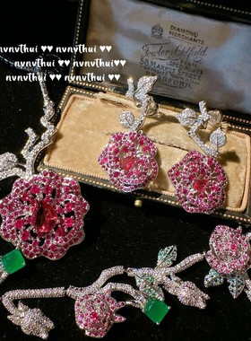 古董感轻奢红玫瑰花锆石精致项链复古晚宴气质繁花高级感宫廷耳环