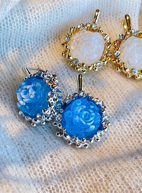 法式复古油画风蓝色妖姬耳扣女 小众设计感气质镶钻千禧玫瑰耳环