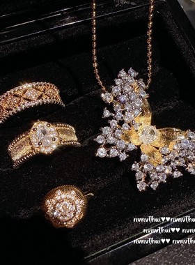 意大利复古镂空拉丝开口宝石戒指轻奢高定鎏金蝴蝶满天星锆石项链