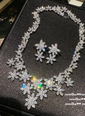 璀璨奢华复古宫廷繁花宝石项链 气质雪花满天星锆石耳环镀金套装