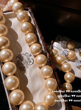 复古气质香槟金珍珠宝石宴会项链大溪地南洋金珠爱心锆石耳环组盒