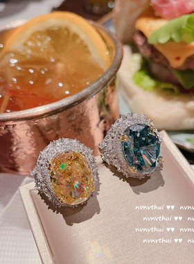 925银复古宫廷油画气质蓝宝石戒指 精致宴会鹅黄高碳钻鸽子蛋指环