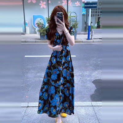 黑色碎花连衣裙子女春季2