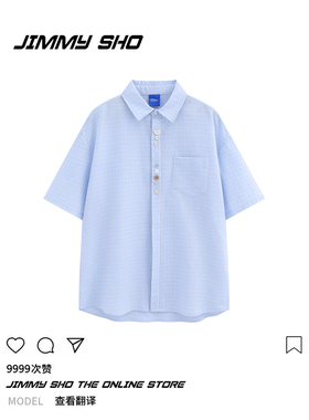 jimmy sho日系复古条纹蓝色短袖衬衫男夏季宽松情侣休闲半袖衬衣
