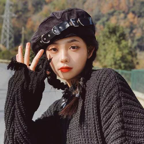 黑色皮扣贝雷帽女秋冬复古百搭画家帽显脸小八角帽潮搭头饰
