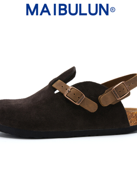 麦步伦勃肯半包两穿真皮BK平替复古翻毛圆头平底一脚蹬软木拖鞋