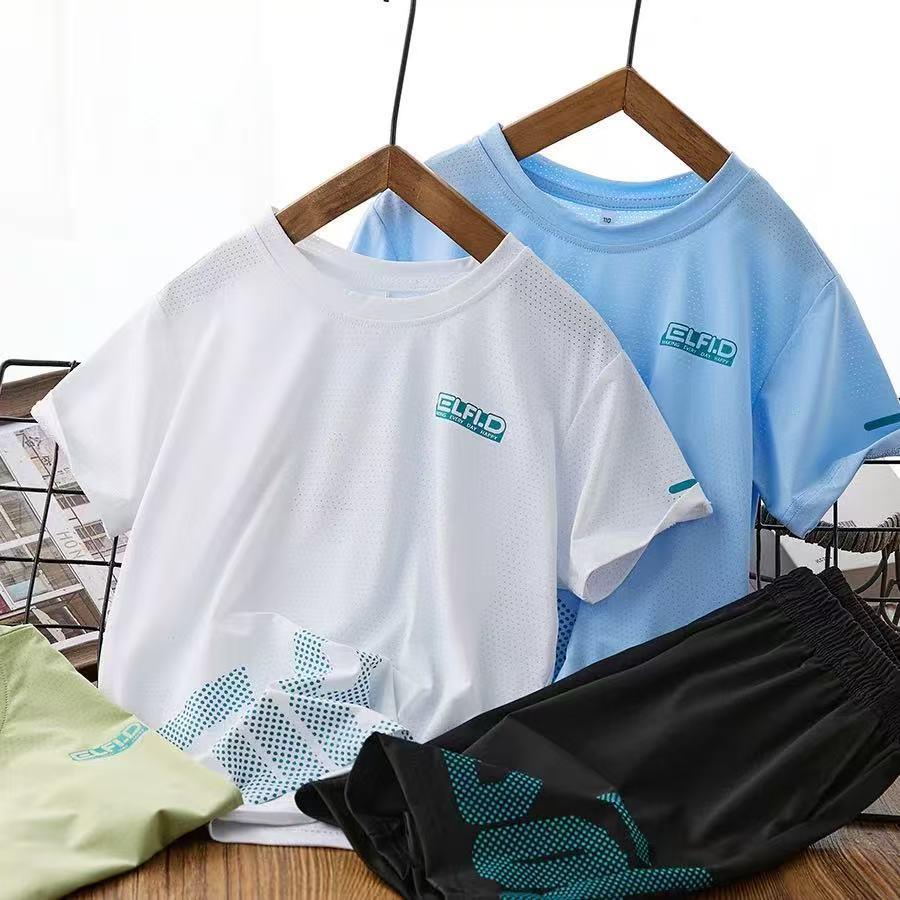 儿童短袖套装跑步运动服男女童夏装薄款套头衫童装两件套中小童