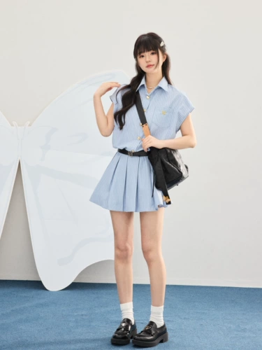 Летнее синее платье, юбка, воротник поло