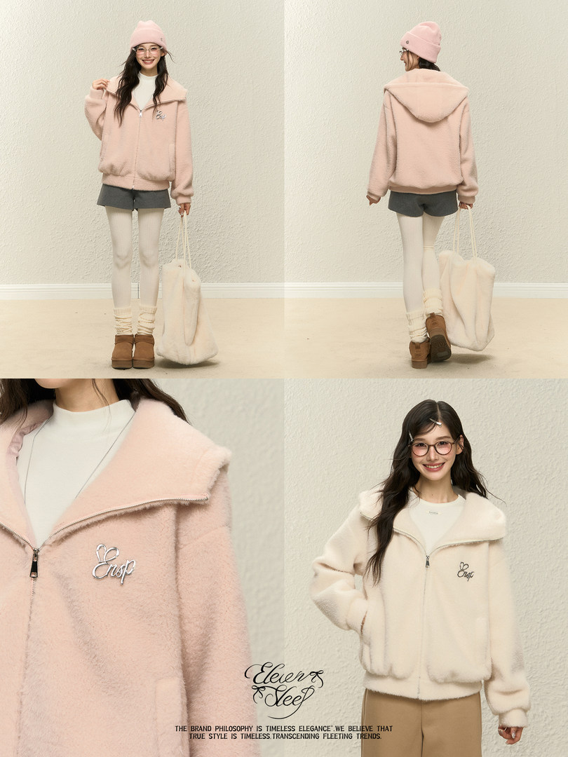 Pink fuzzy zip-up hooded jacket worn by a model in multiple views