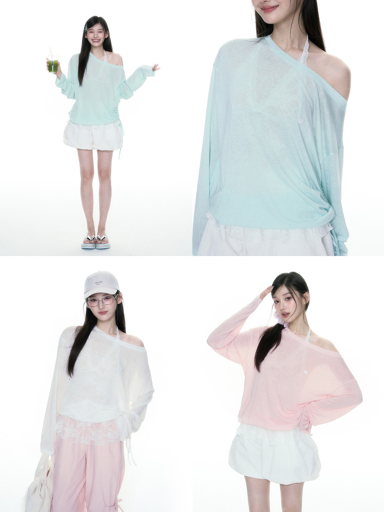 Models wearing sheer off-shoulder long-sleeve tops in pastel colors
