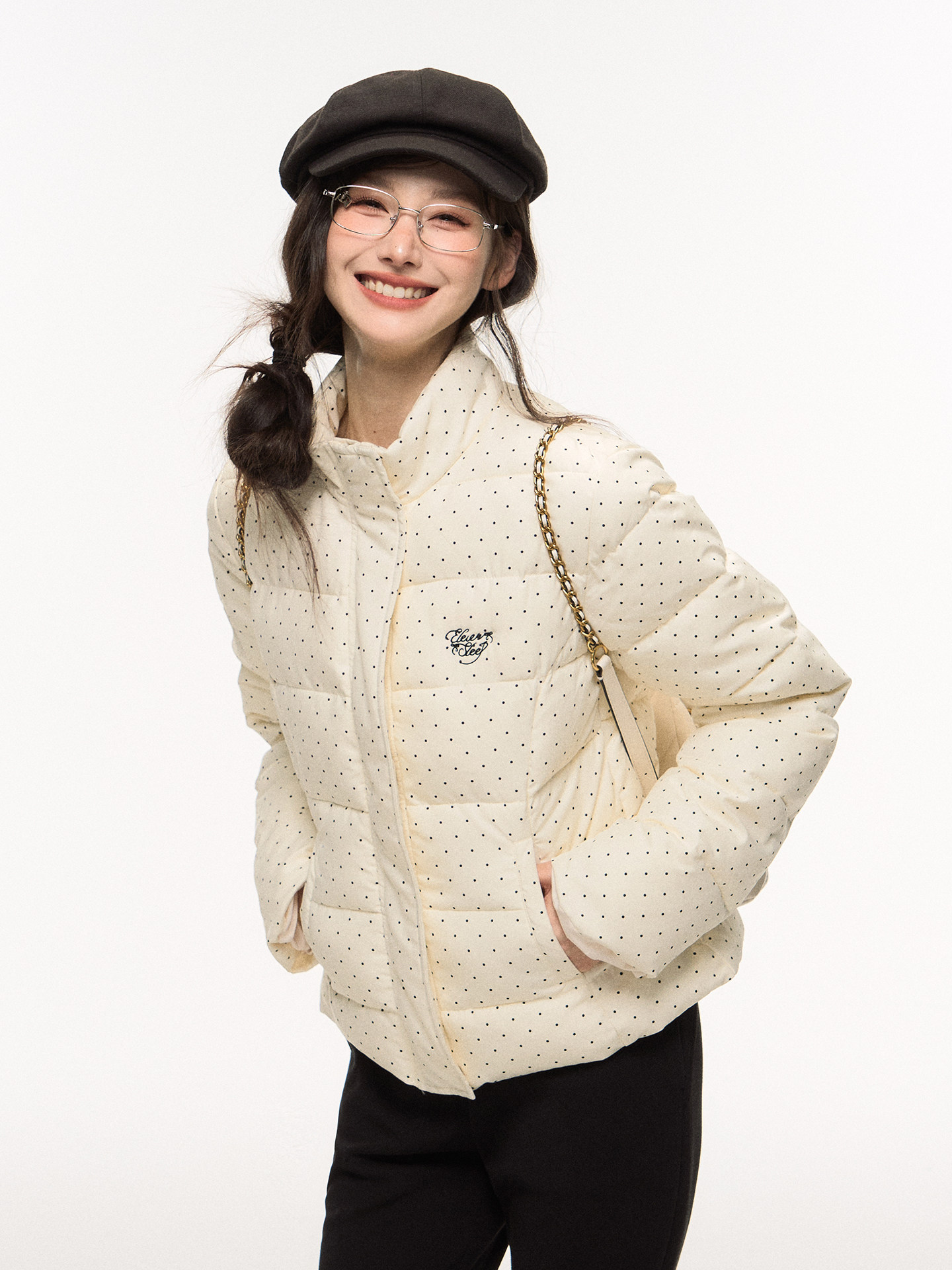 Polka Dot Cotton Jacket for Women, Autumn and Winter, Korean Style, Loose and Casual, Puffy Cotton Coat, Long-Sleeved Top