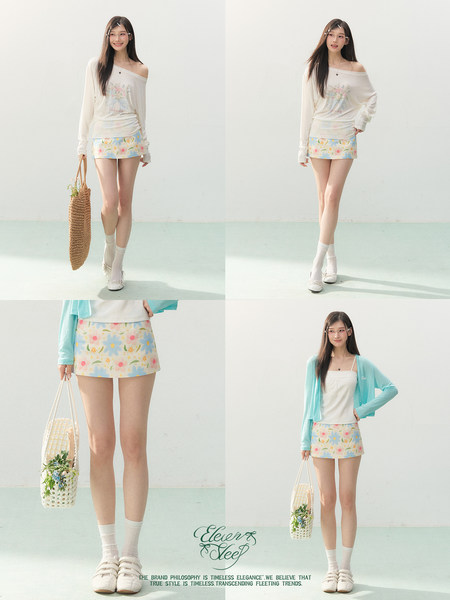Model wearing a pastel floral mini skirt with white tops in a studio fashion collage