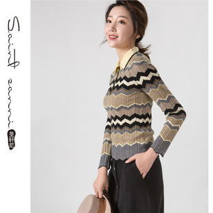 针织衫 气质长袖 GT745 黄条复古翻领修身 圣轩尼秋季