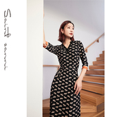 新款 女装 修身 圣轩尼夏季 显瘦印七分袖 百搭气质优雅淑女连衣裙F103