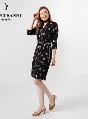 圣轩尼连衣裙女2020新款V领修身柔舒适收腰印花连衣裙女 R591