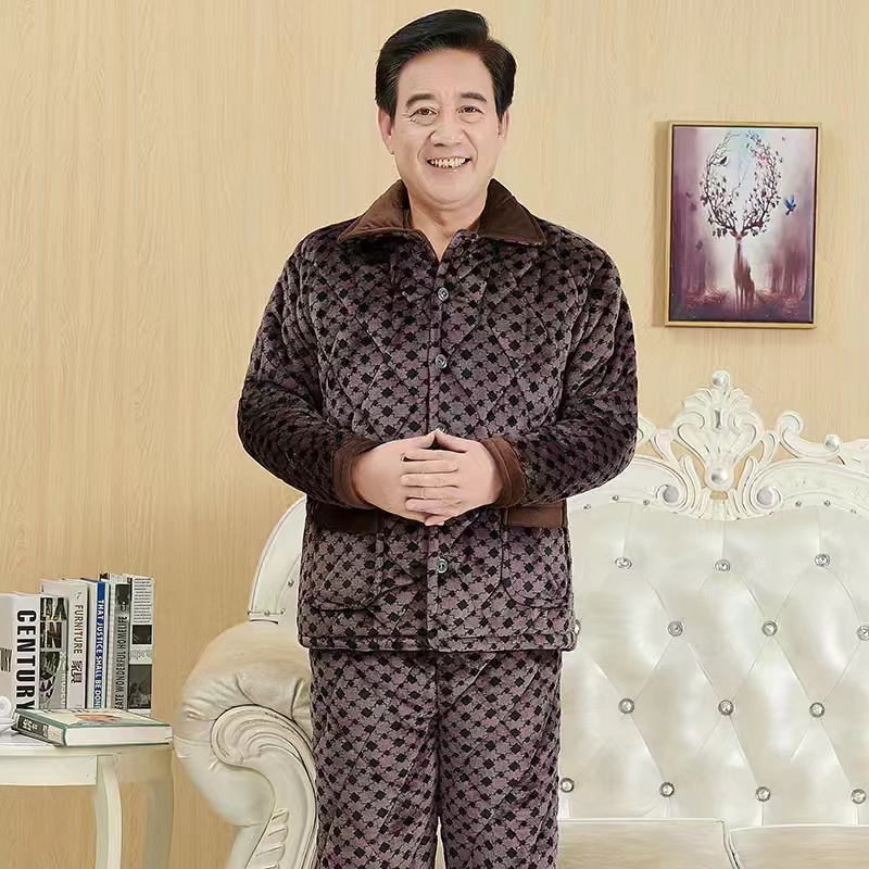 中老年冬季保暖抗寒睡衣男法兰绒夹棉衣父亲爸爸加厚冬衣冬裤套装