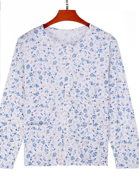 7080岁奶奶纯棉长袖T恤女装老太太薄款家居睡衣老人秋冬上衣带兜