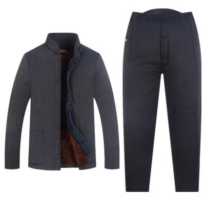 爸爸加绒加厚开衫棉衣棉裤开裆口老人御寒睡衣男爷爷休闲运动棉袄