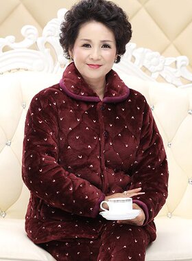 奶奶冬天保暖珊瑚绒夹棉睡衣女老太太加厚外套老人棉袄棉裤家居服