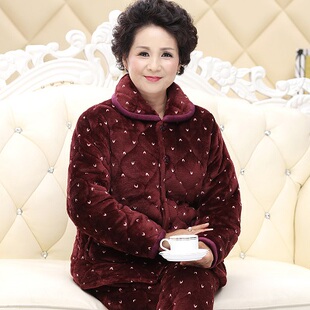 奶奶冬天保暖珊瑚绒夹棉睡衣女老太太加厚外套老人棉袄棉裤 家居服