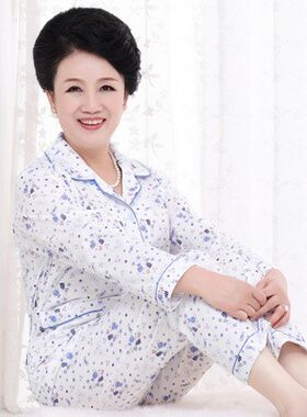 妈妈春季睡衣女中老年夏天薄款长袖长裤婆婆纯棉春秋装加肥加大码