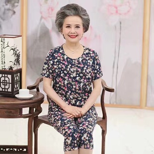 纯棉绸老太太纽扣开衫 短裤 睡衣女老人休闲透气衣服 短袖 老奶奶夏装