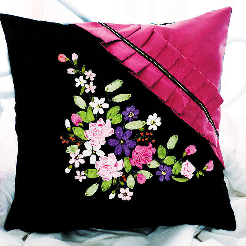 丝带绣黑色绒布45*45客厅简约抱枕材料包沙发中式装饰靠枕多选项