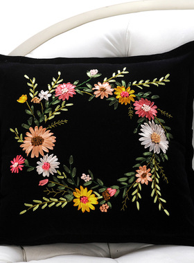 丝带绣新款抱忱黑色绒布花卉方枕单装无枕芯非十字绣金色年华包邮