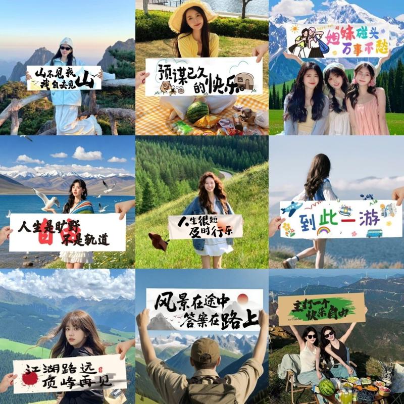 周末假期旅游小横幅打卡拍照道具团建海边爬山手持横幅户外拍照布